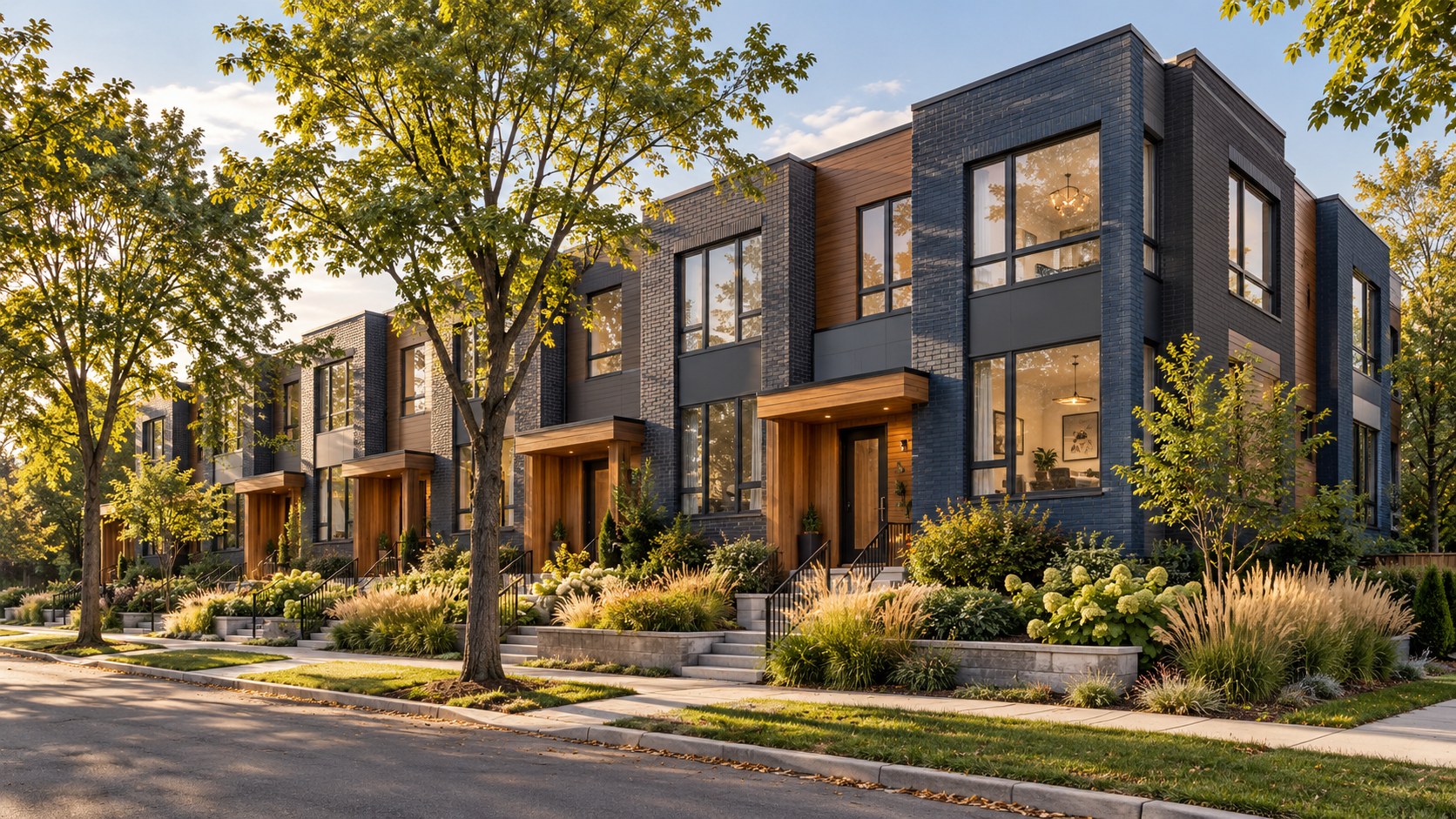 Illustrative contemporary townhomes with warm timber details and landscaped gardens